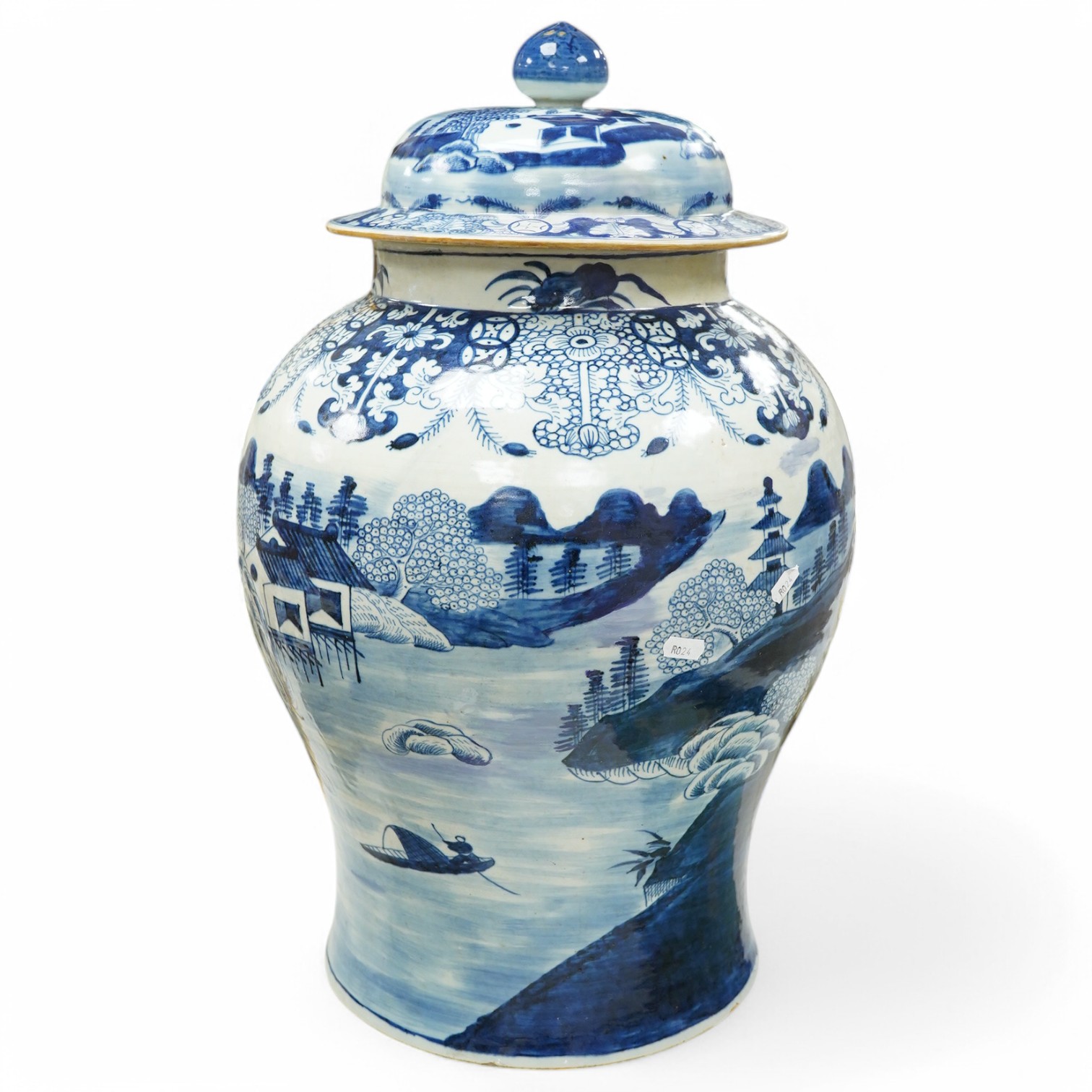 A large 19th century Chinese blue and white vase with cover, 63cm high. Condition - restored